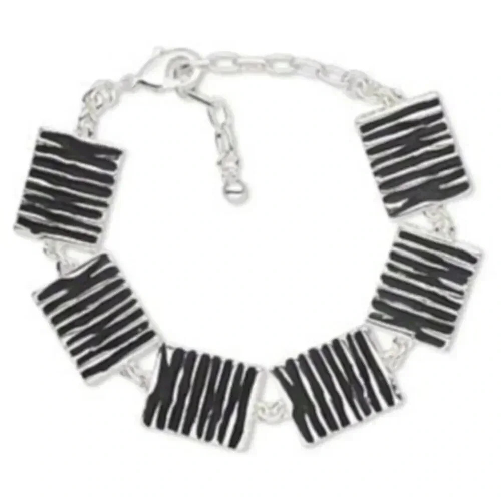 Mid Century Modern Style Silver Plated Black Enamel Geometric Design Bracelet